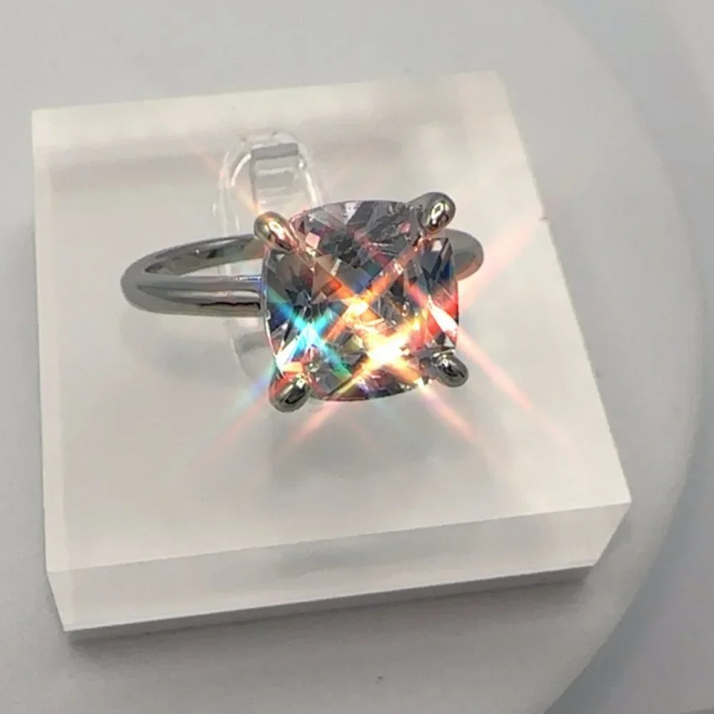 Cubic Zirconia Solitaire Ring Silver Tone